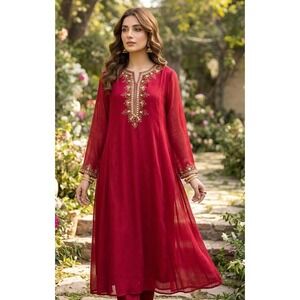 Polo Apparel Women's Maxi Indian Long Sleeve Red Dress Embellished Sheer Size 40